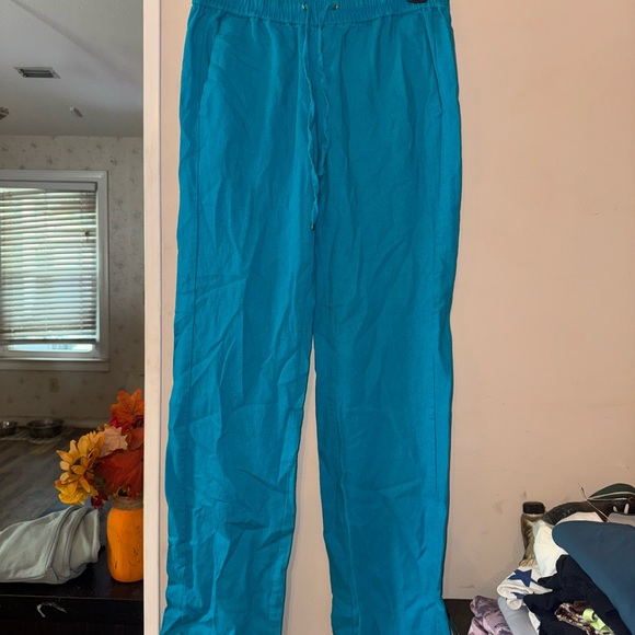Love Tree Blue Linen Blend Pants Elastic Waist Drawstring Pockets Size Small - Picture 1 of 5